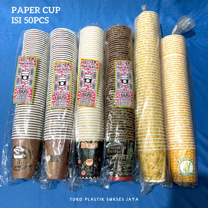 PAPER CUP ISI 50PCS / PAPER CUP MOTIF / GELAS KERTAS 8 OZ / GELAS (TEH / COFFE) / PAPER CUP JAGUNG J