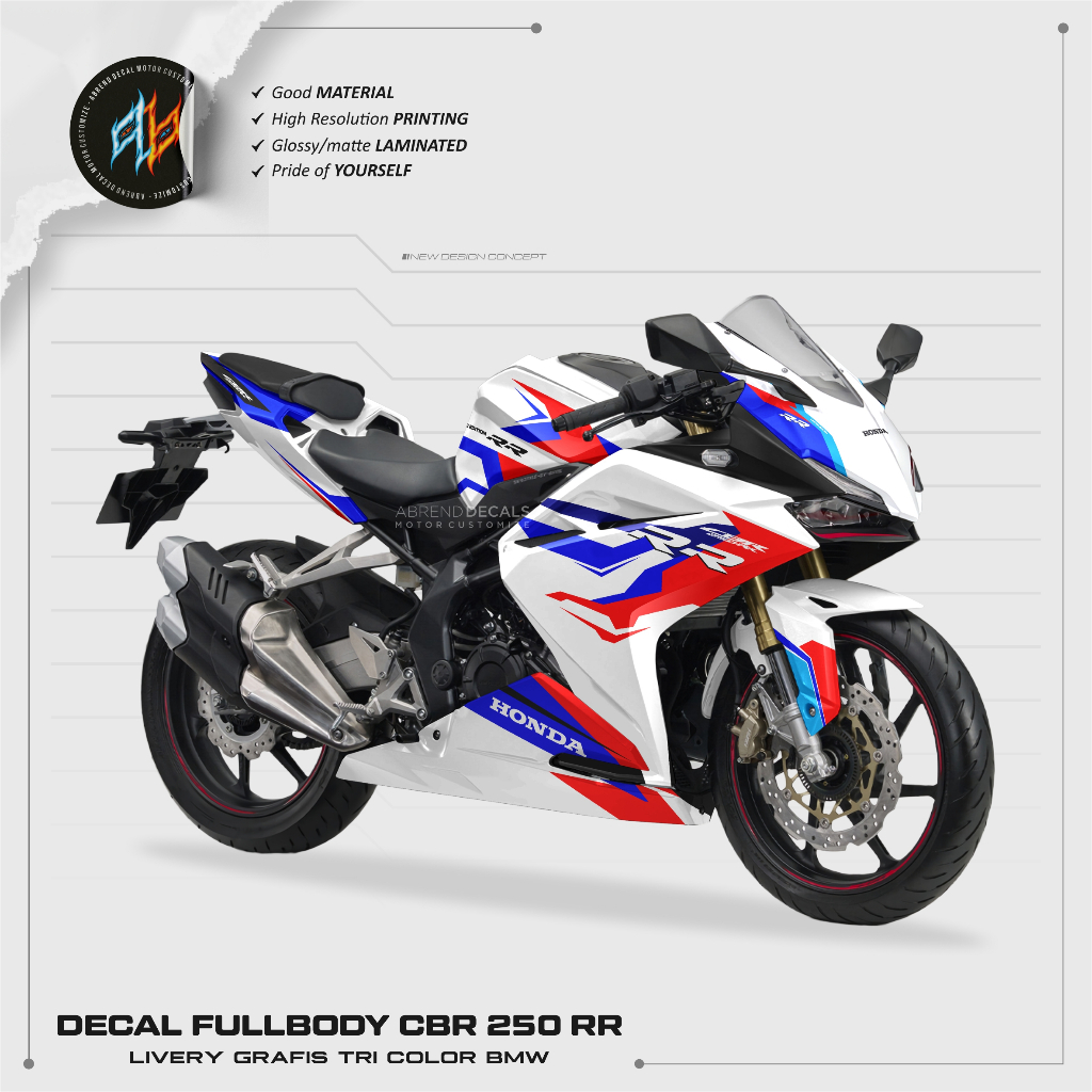 DECAL FULLBODY CBR 250 RR BMW TRI COLOR / STIKER MOTOR HONDA CBR 250RR DESIGN CUSTOM HRC STOCK DECAL