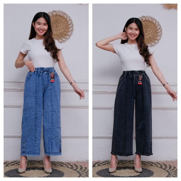 CELANA KULOT JEANS PINGGANG KARET WANITA boyfriend snow acid - kulot highwaist