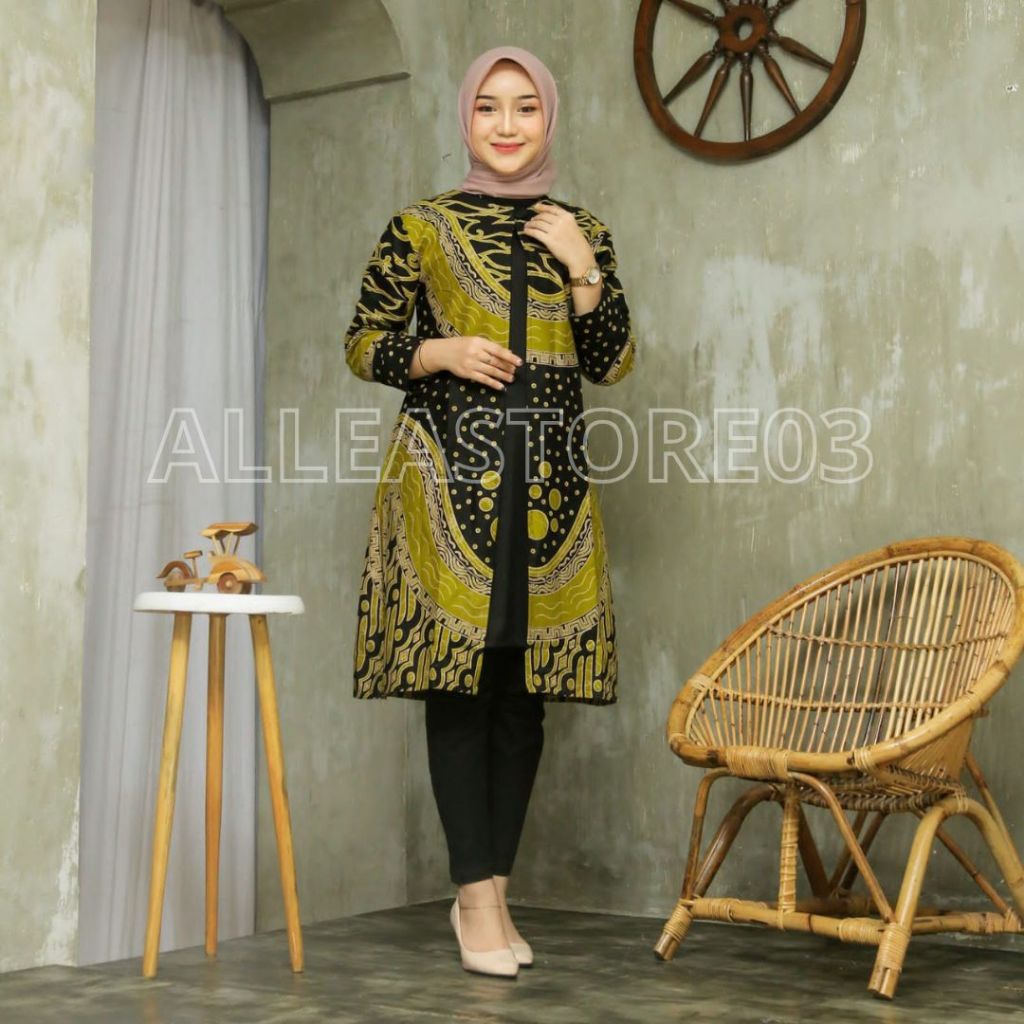 Alleastore03 Tunik Sabiyan Motif Padma Terbaru Modern dress, Baju Batik Tunik Wanita Lengan Panjang 