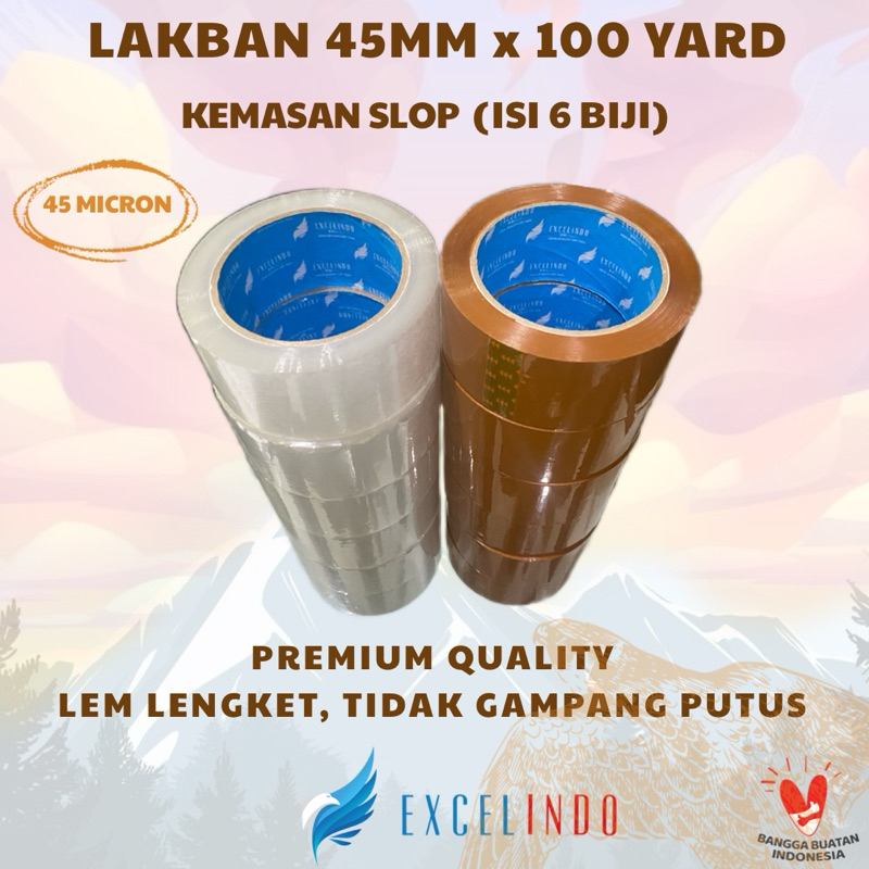 

(1 SLOP/6 BIJI) GROSIR Lakban Bening Coklat 45mmx100 YARD merk EXCELINDO PREMIUM QUALITY