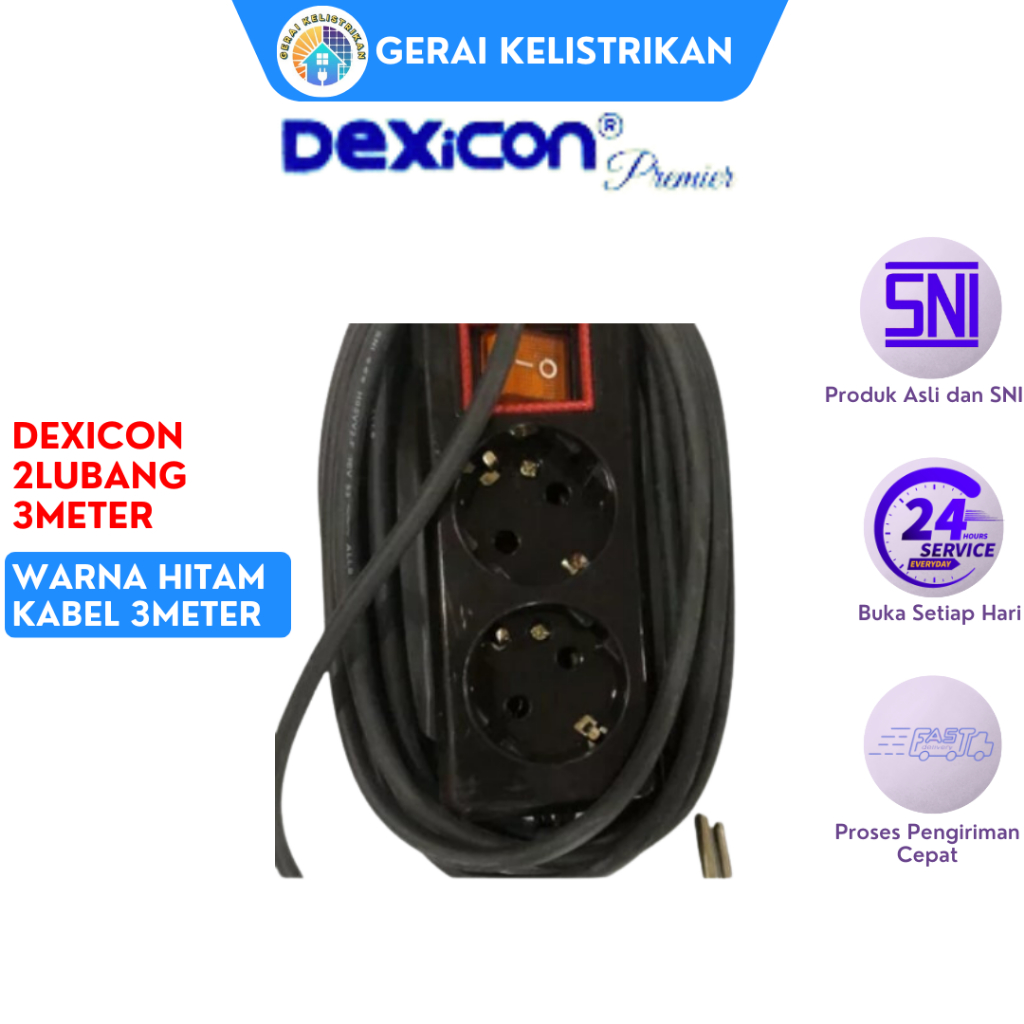 DEXICON 2LB 3M HITAM - STOP KONTAK 2LUBANG+KABEL 3METER