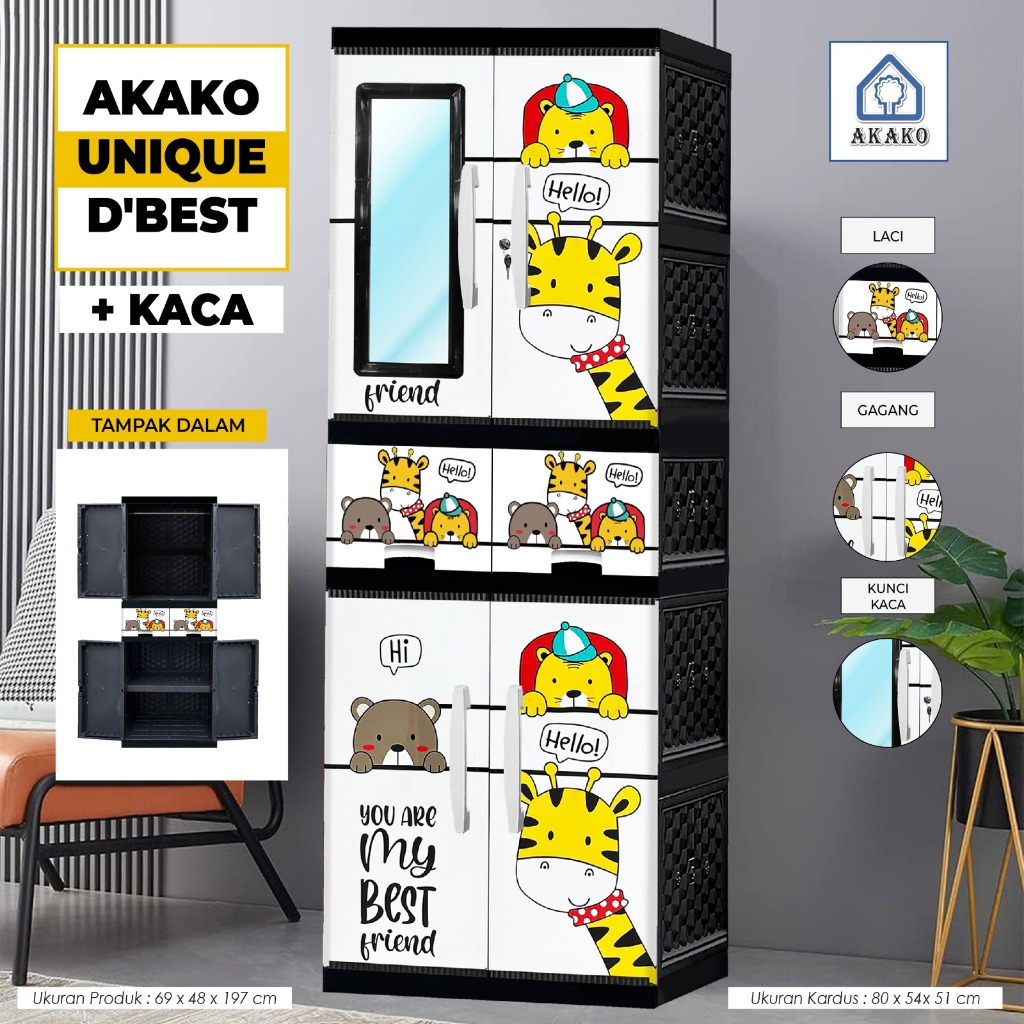 AKAKO - LEMARI PAKAIAN LEMARI PLASTIK 2 PINTU LEMARI JUMBO GANTUNG + RAK AKAKO UNIQUE VIP MOTIF PRIN