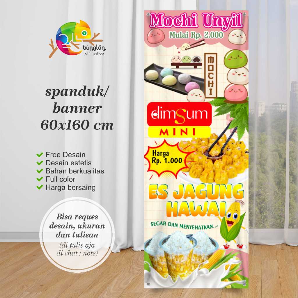 Cetak Spanduk Banner Mochi, Dimsum Dan Es Jagung Hawai