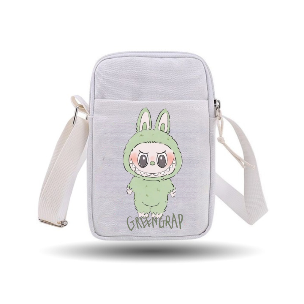 SANSURBAGS Tas Selempang Kanvas Motif Lucu Labubu Putih - Model Slingbag Wanita