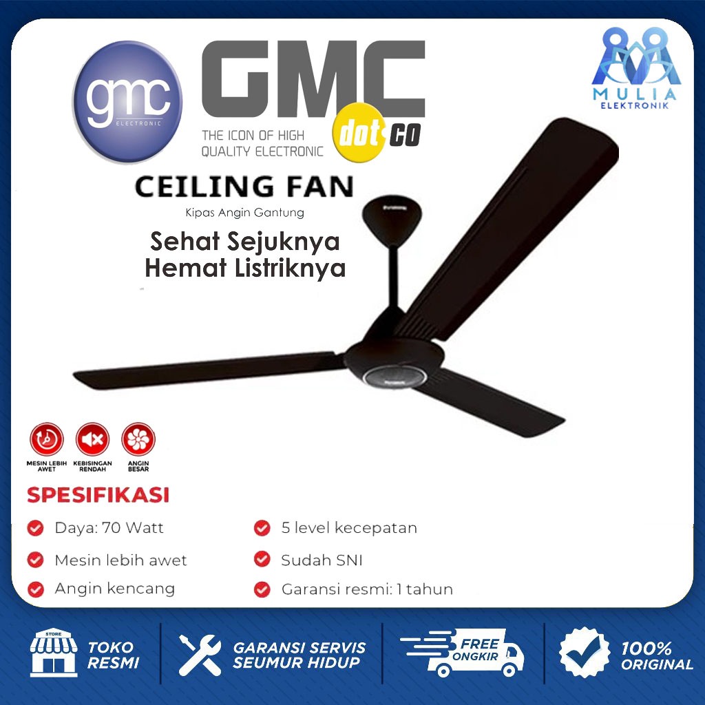 GMC Kipas Angin Plafon (Ceiling Fan) 56" - Baling Besi Warna Hitam Sni Garansi Resmi
