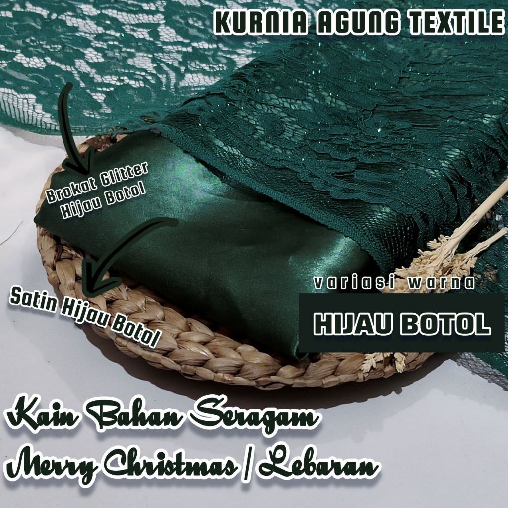 Kain Bahan Satin Brokat warna HIJAU BOTOL Seragaman Kebaya Dress Gamis Lebaran atau Merry Chrismast