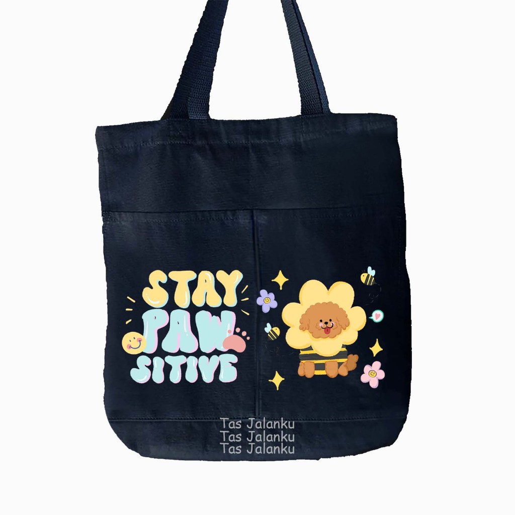 Tas Jalanku - Totebag Kanvas Hitam model dua kantong karakter animal cute warna tas hitam tas wanita