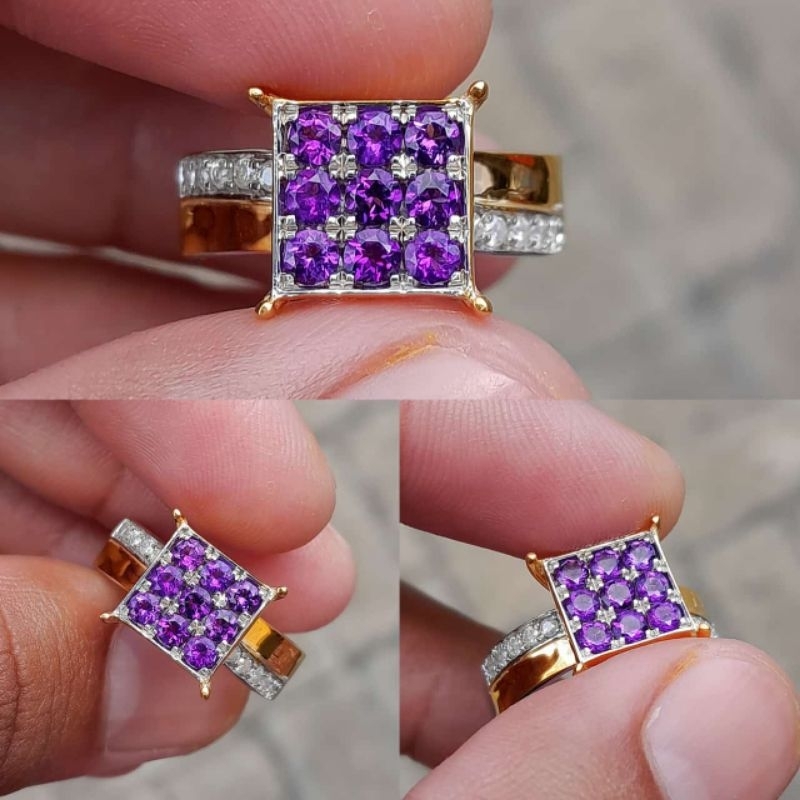 Cincin Berlian Wanita Batu Permata Kecubung Ungu Asli