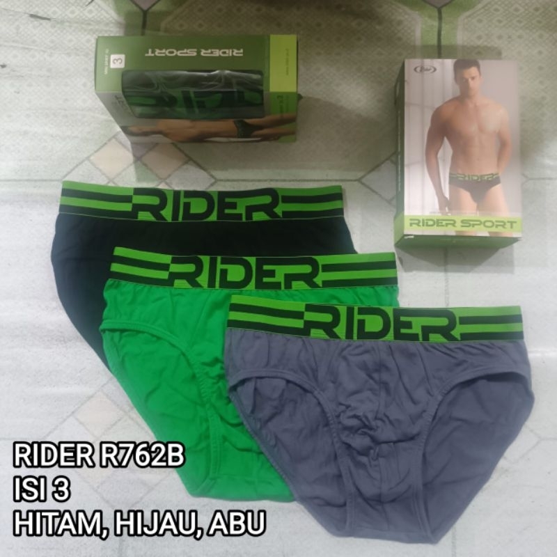 Celana Dalam Pria Rider Sport Brief R762B Multi Warna isi 3 pcs (hitam, hijau/coklat, abu) M-L