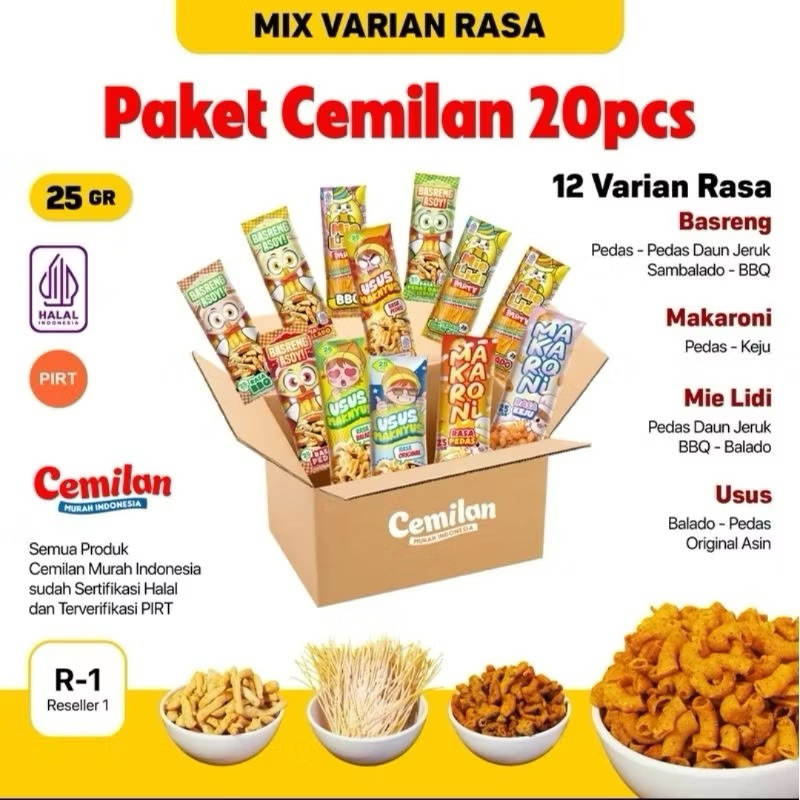 

Paket Usaha Cemilan Murah Indonesia Halal 20 pcs Bebas Mix Rasa