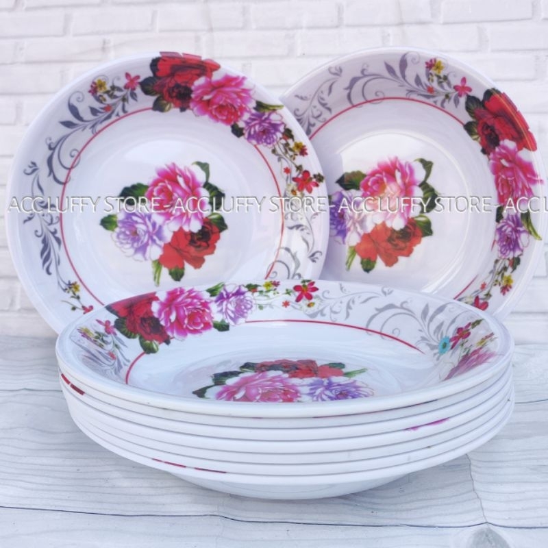 Termurah 1 Lusin Piring Makan Melamin Cekung Motif Bunga - Piring Lontong - Piring Melamin Motif -