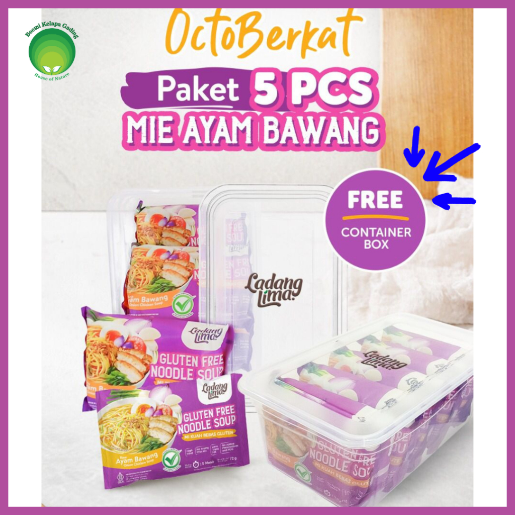 

Paket 5 pcs Mie Kuah Gluten Free Rasa Ayam Bawang Onion Chicken Soup Noodle 72 gram Free Container Box Ladang Lima Halal