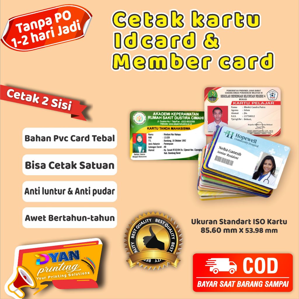 

CETAK KARTU ,ID CARD,NAME TAG, MEMBER CARD, BAHAN PVC CARD TEBAL ANTI LUNTUR & ANTI PUDAR.