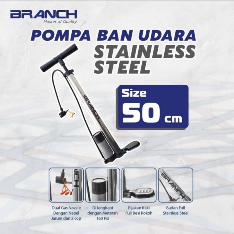 Branch Pompa Ban Sepeda + Meter Stainless Steel 160PSI / Pompa Ban Sepeda Ban Motor  Pakai Meteran 1