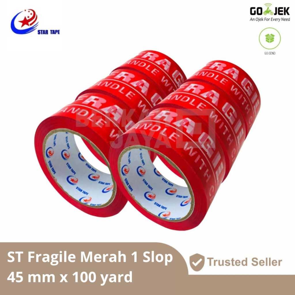 

(6 PCS) STAR TAPE LAKBAN FRAGILE MERAH JANGAN DIBANTING 45 MM X 100 YARD / TAPE/ ISOLASI (Lakban ST Fragile Merah)