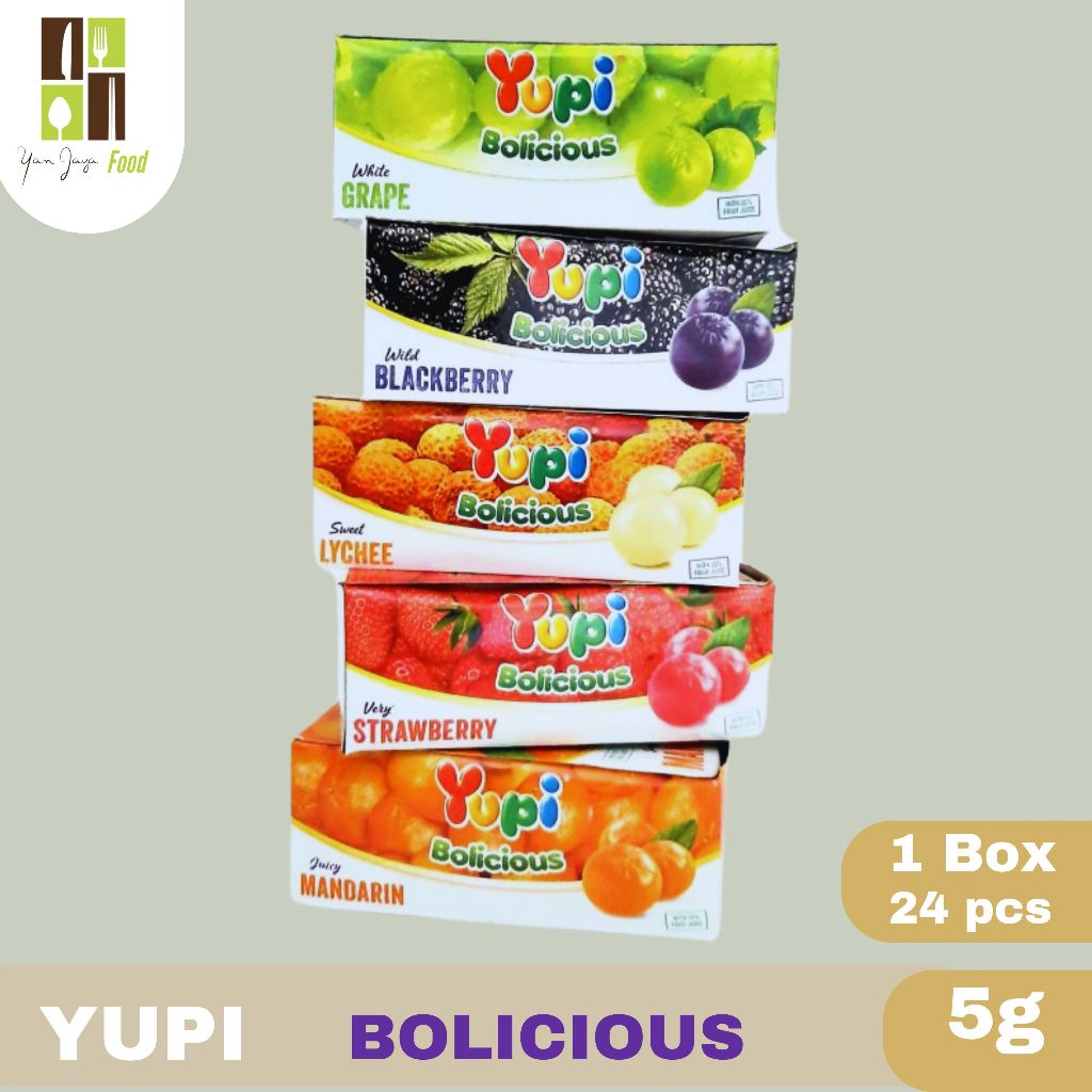 

Yupi Bolicious / Jeli Lunak / Permen Sari Buah / Kenyal / Leci / Strawberry / Blackberry / Orange / Mangga [BOX/24PCS]