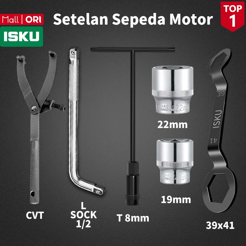 ISKU Kunci Treker CVT Matic + Kunci Tahanan Mur Kopling 39 x 41+ Kunci T 8mm + Mata Shock 19 22mm+Ga