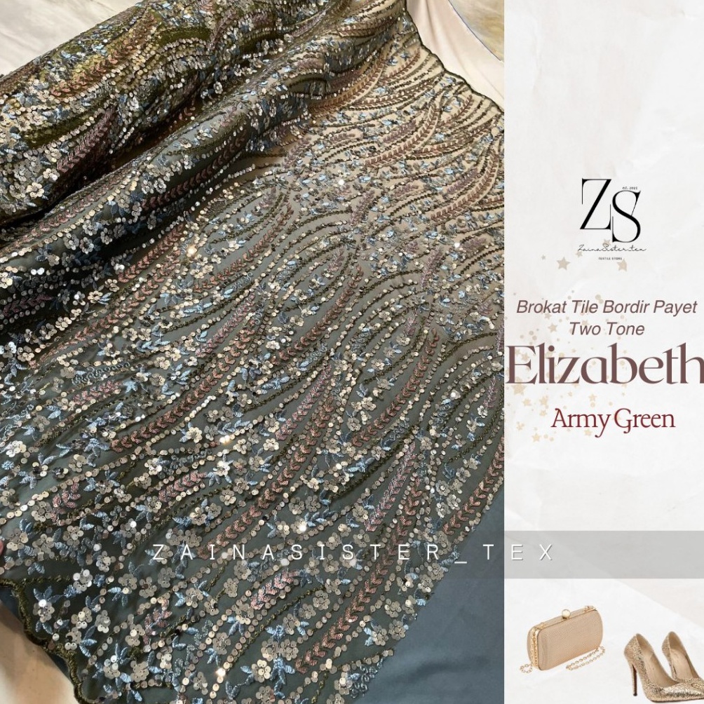 KODE X59T Bahan Kebaya Kain Brokat Tile Bordir Payet Spangle TwoTone Elizabeth Warna Hijau Army Gree