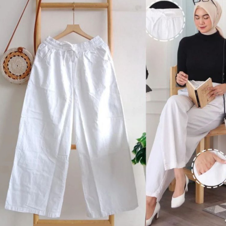 KODE T5I KULOT JEANS PUTIH PINGGANG FULL KARET  KULOT WARNA HITAM PUTIH CREAM COKLAT KULOT MOZZA PIN