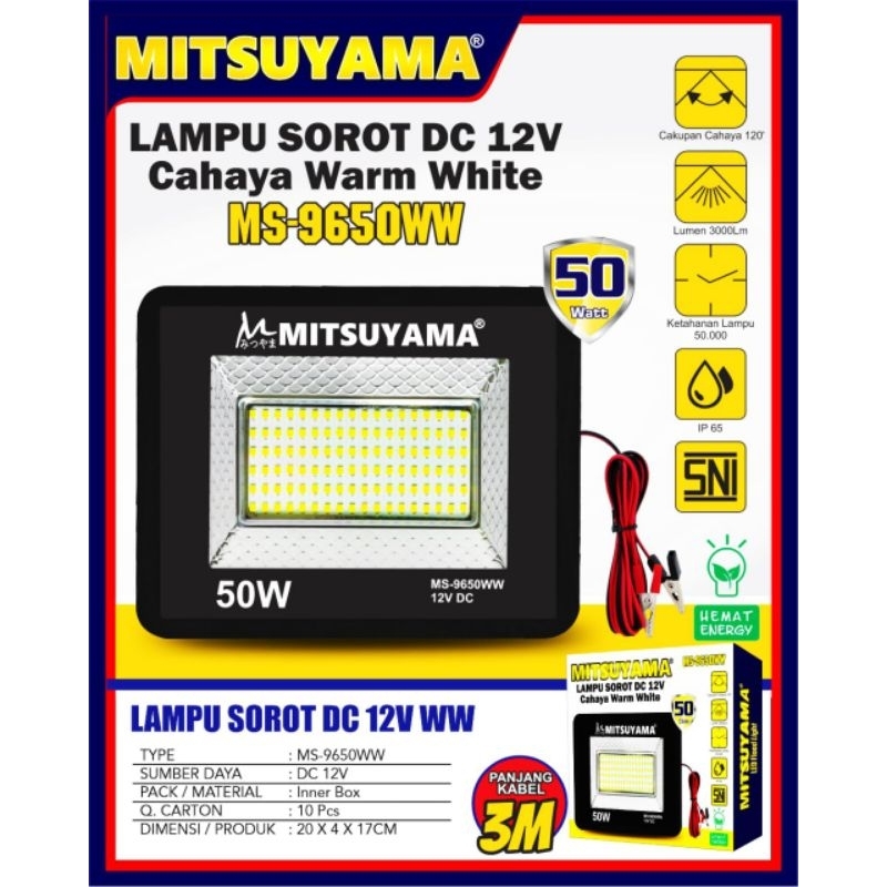 Lampu Sorot LED DC 50 Watt Aki Lampu Sorot DC 50Watt Cahaya Warm White/Kuning Lampu Sorot MITSUYAMA 