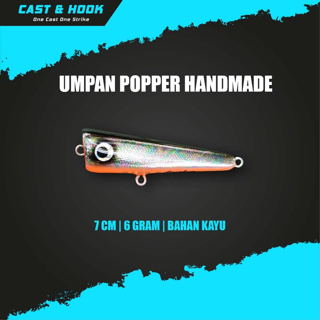 LURE POPER/POPPER 7 CM 6GRAM TOP WATER HANDMADE BAHAN KAYU REKOMENDASI UNTUK IKAN HAMPALA DAN PREDAT