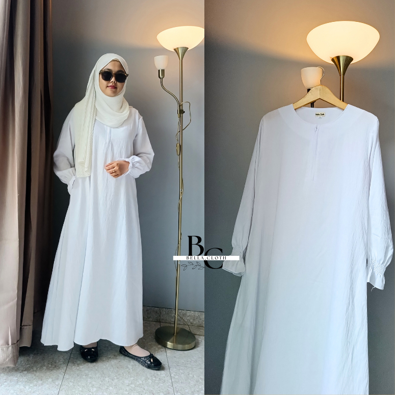 Nayla Dress-Gamis Putih  Polos Katun Linen Polos Premium LD 110 cm-120 cm - Gamis Wanita Remaja Jumb