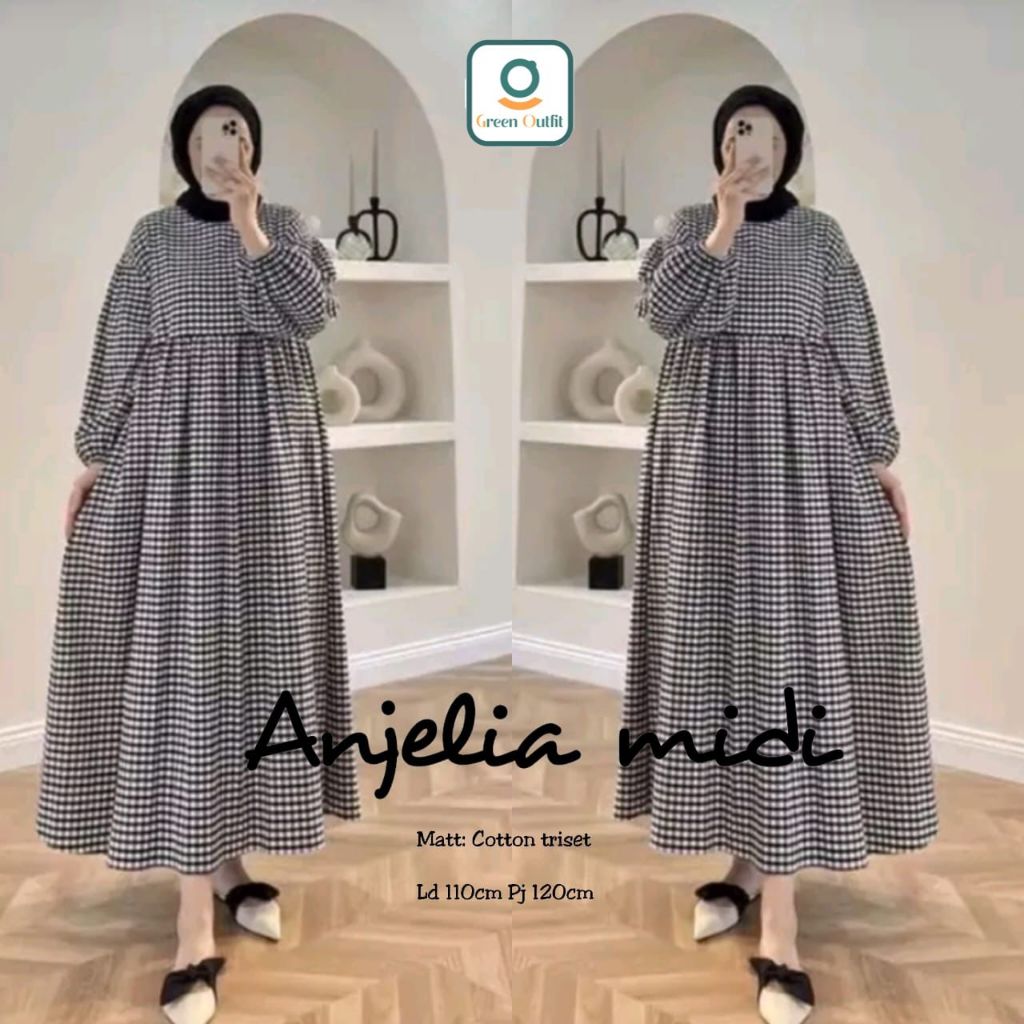 Anjelia baju gamis dress midi wanita muslim jumbo ld 110 katun kotak kotak triset terbaru 2024