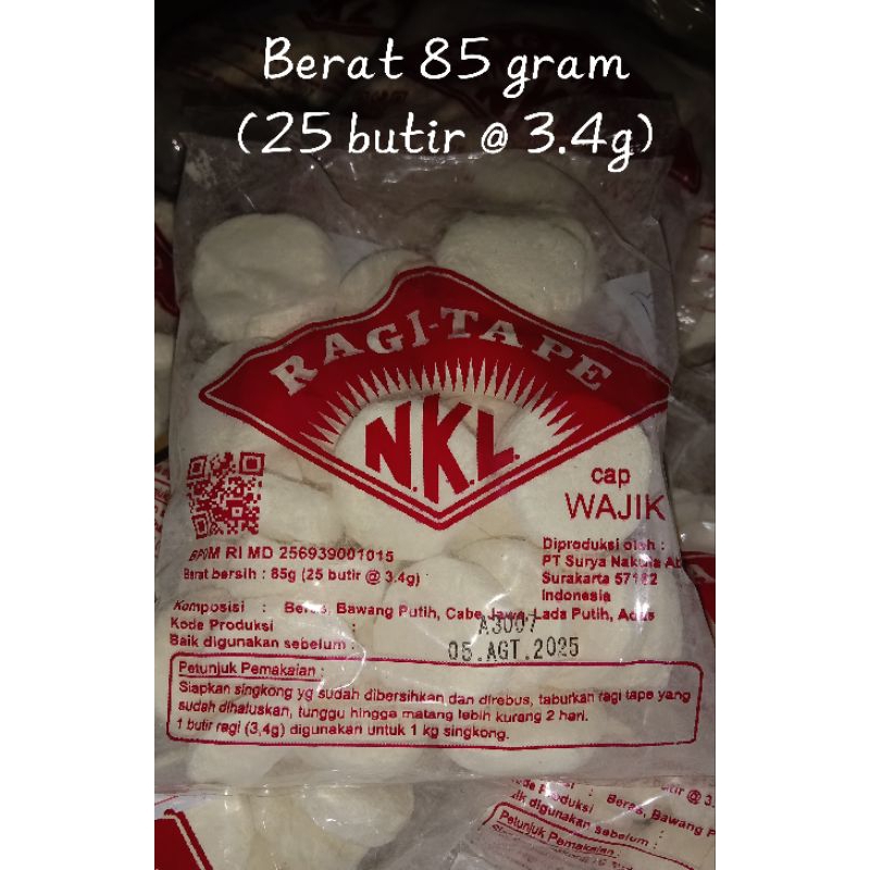 

RAGI TAPE NKL BERAT 85 GRAM ( ISI 25 BUTIR @ 3.4G)