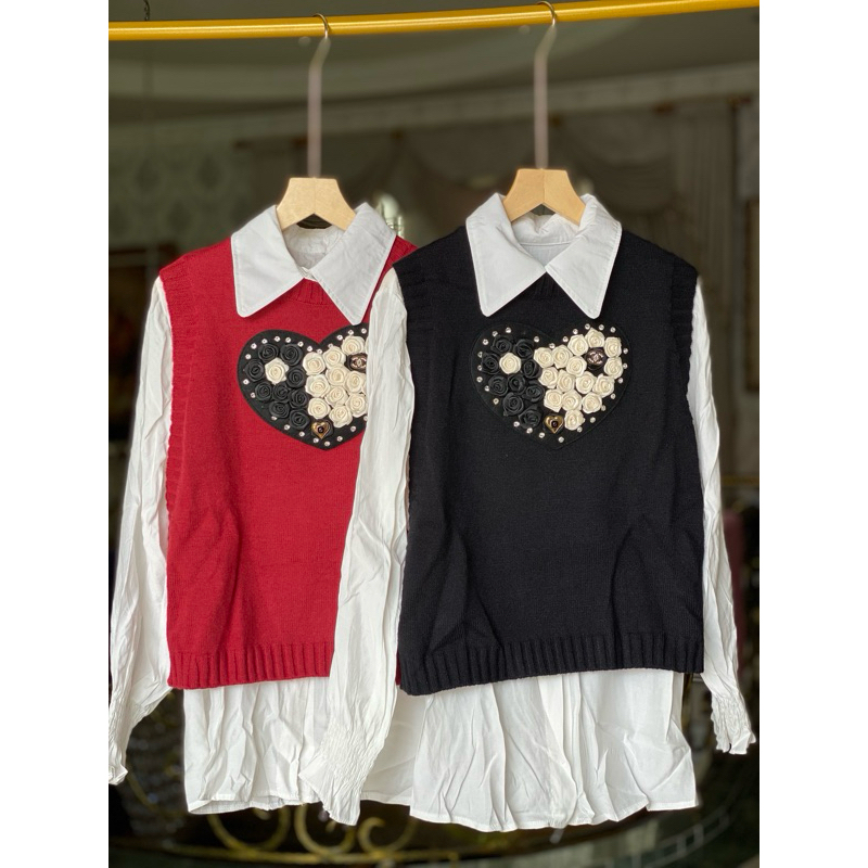 Andrea Vest Set | Atasan kemeja wanita mix vest rajut import