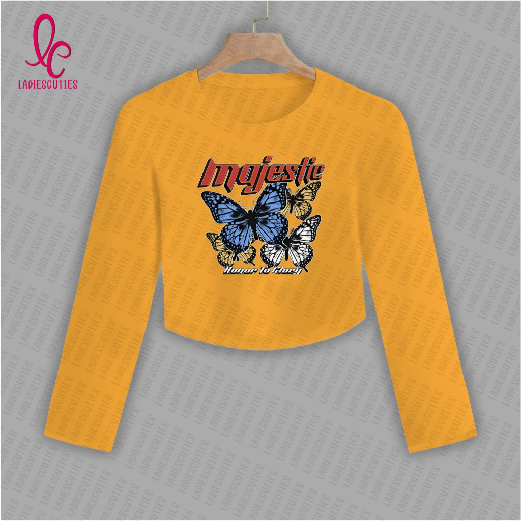 Ladiescuties Kaos Crop top lengen panjang Majestic kupu-kupu T-shirt waita
