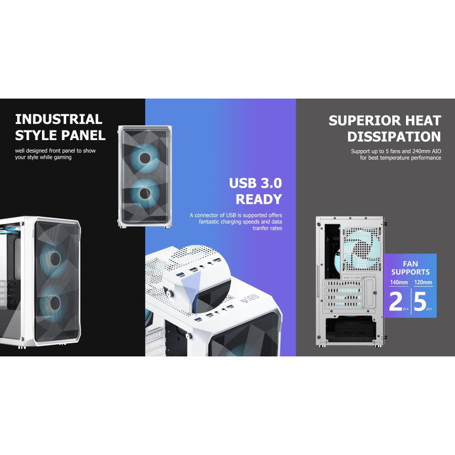 Venom Rx Case Prava White - 2 Fan RGB Venomrx Tempered Casing CPU