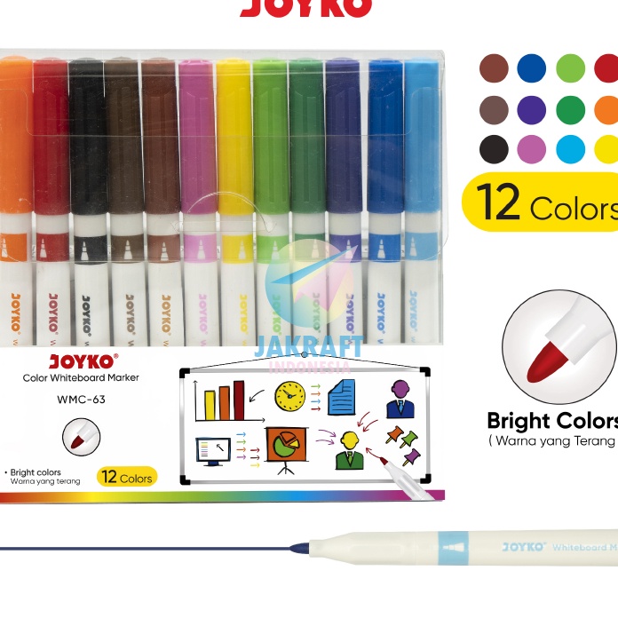 

Mega 12 Pcs Set Spidol Papan Tulis Segala Jenis Set 12 Warna JOYKO WMC63 Erasable Whiteboard Glassboard Marker Bisa Dihapus