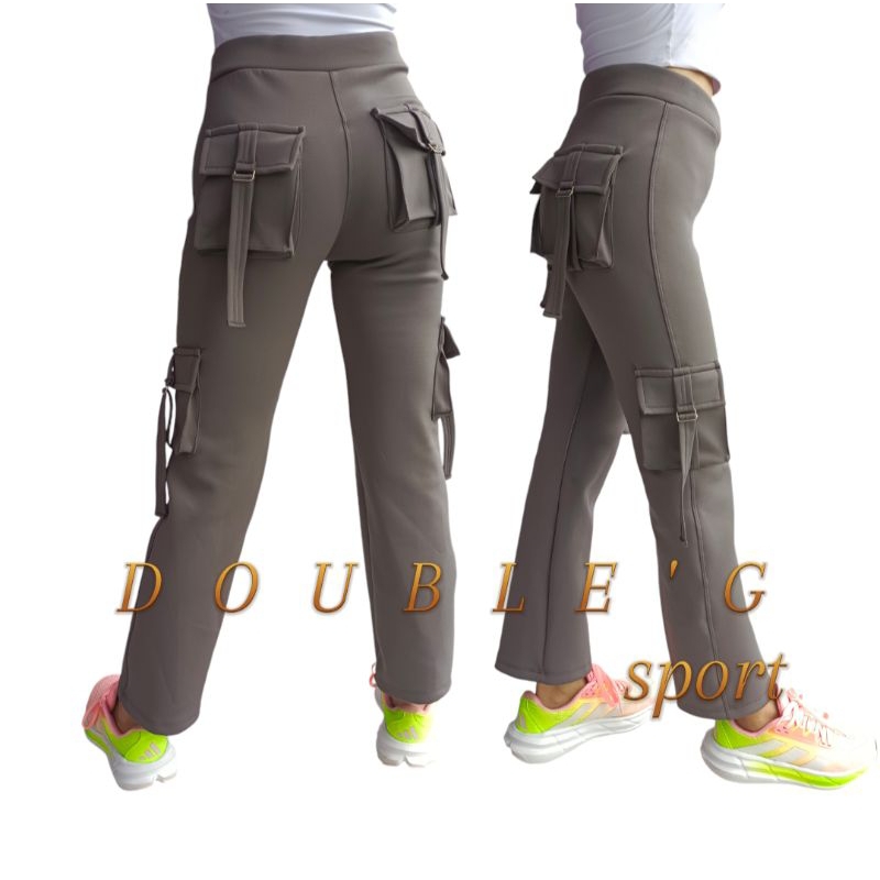 RB DUBLE'G SPORT Celana Senam Cargo Kantong empat/Celana Olahraga Wanita Panjang Strec Pinggang