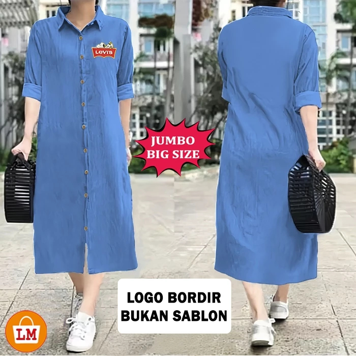LONG TUNIC JEANS | Baju Tunik Wanita Motif Denim Logo Bordir BIG SIZE JUMBO SIZE XL XXL