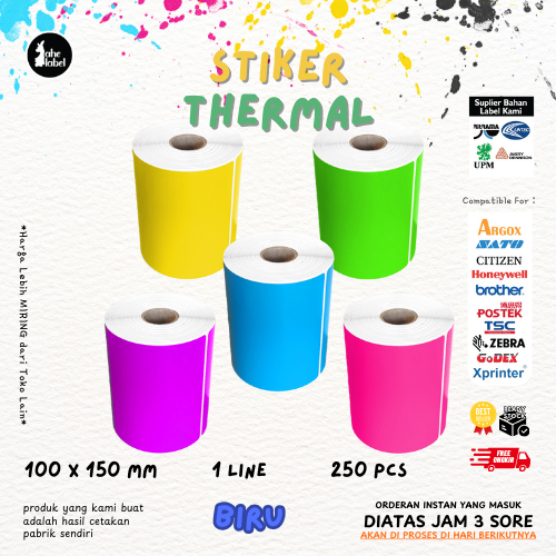 

Kertas Label Thermal 100x150 mm isi 250 Pcs/ Label thermal barcode Roll A6 Stiker Resi Warna