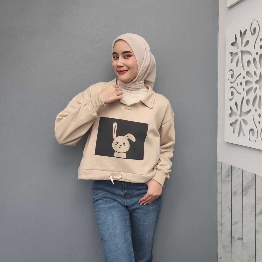 Rabbit Crop Top Crop Tee Wanita Lengan Panjang Hijab