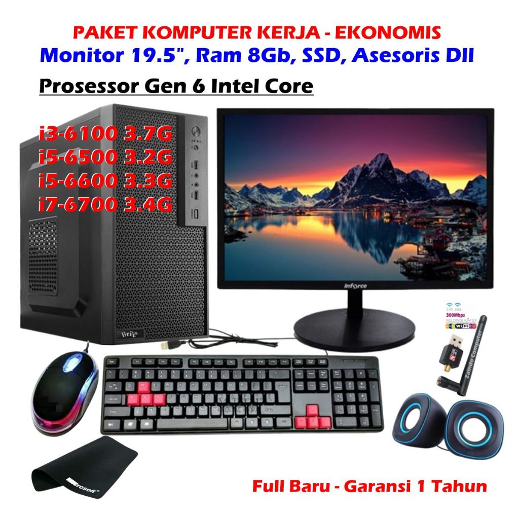 PAKET KOMPUTER KANTOR EKONOMIS CORE I3-6100 CORE I5-6500CORE I5-6600CORE I7-6700 - RAM 8GB, SSD, LED