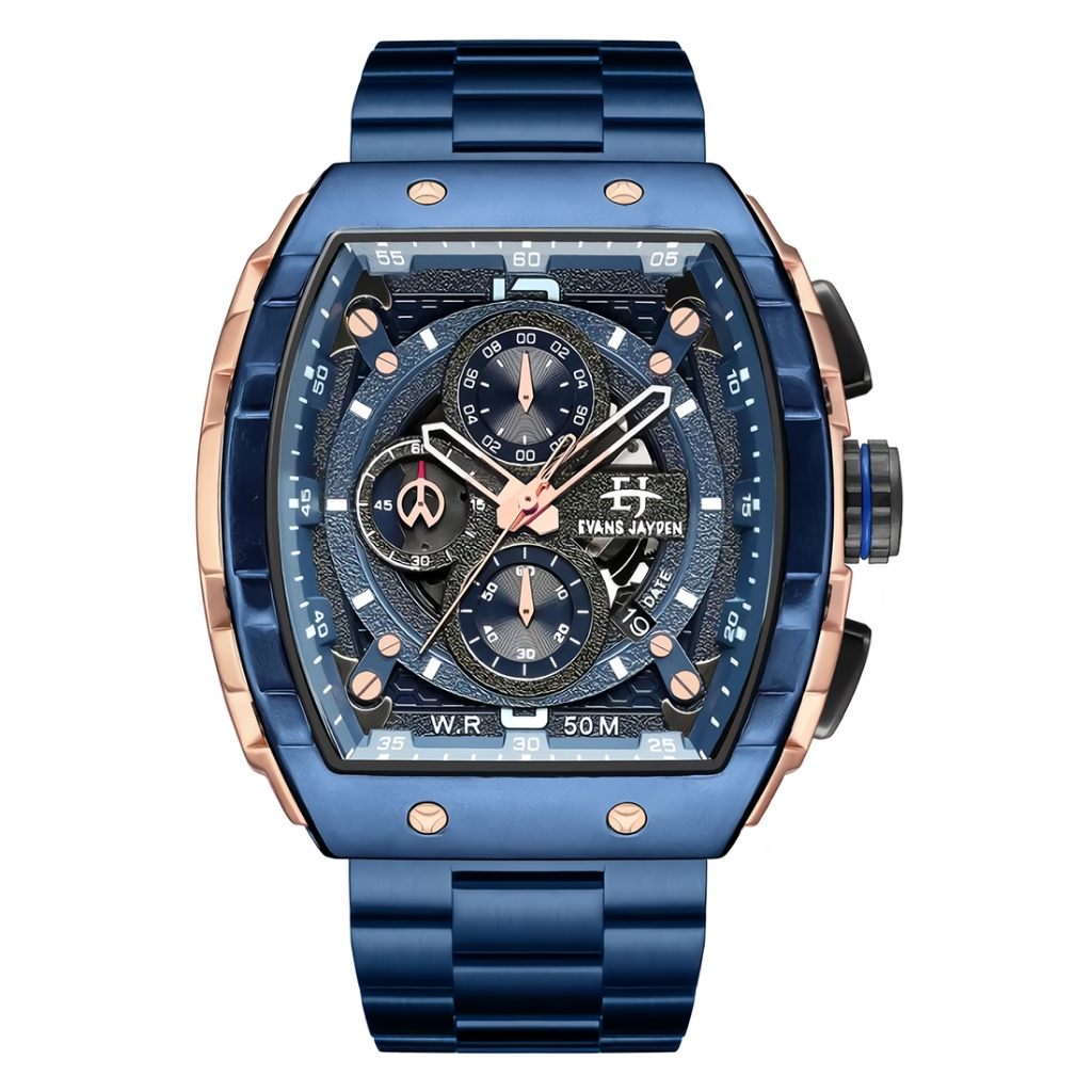 Evans Jayden 9554MCBURBU Jam Tangan Chronograph Pria Rosegold Blue Stainless Steel