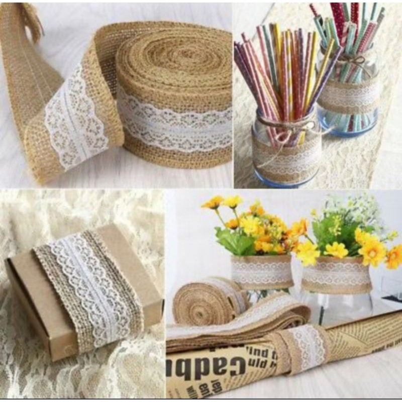 

PITA GONI COKLAT RENDA PUTIH JUTE GONI RENDA BURLAP JUTE