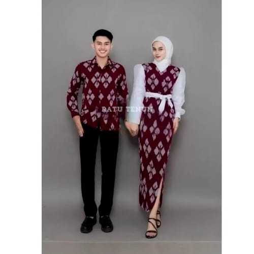 Kartini Dress Tenun Maroon Terbaru, Baju Couple Tenun Hijab Kondangan
