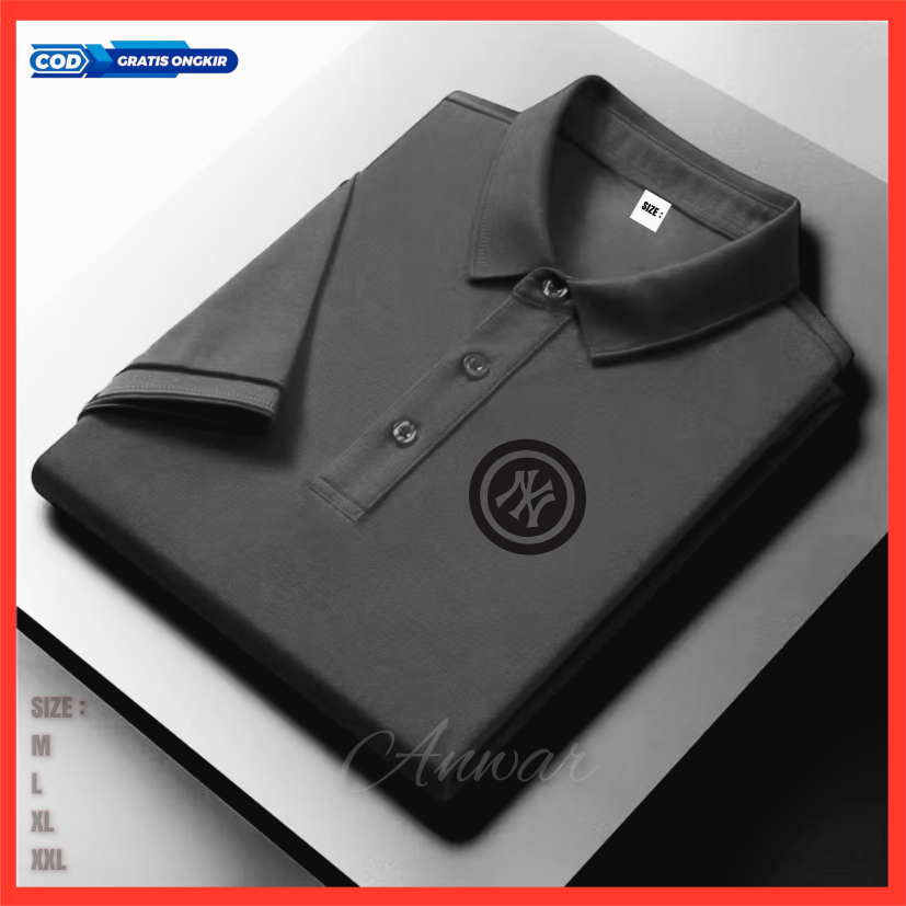 ( Promo Diskon ) Polo Motif NY Bulat Logo Hitam Lengan Pendek Kerah Kancing Baju Pria Dan Kaos Atasa