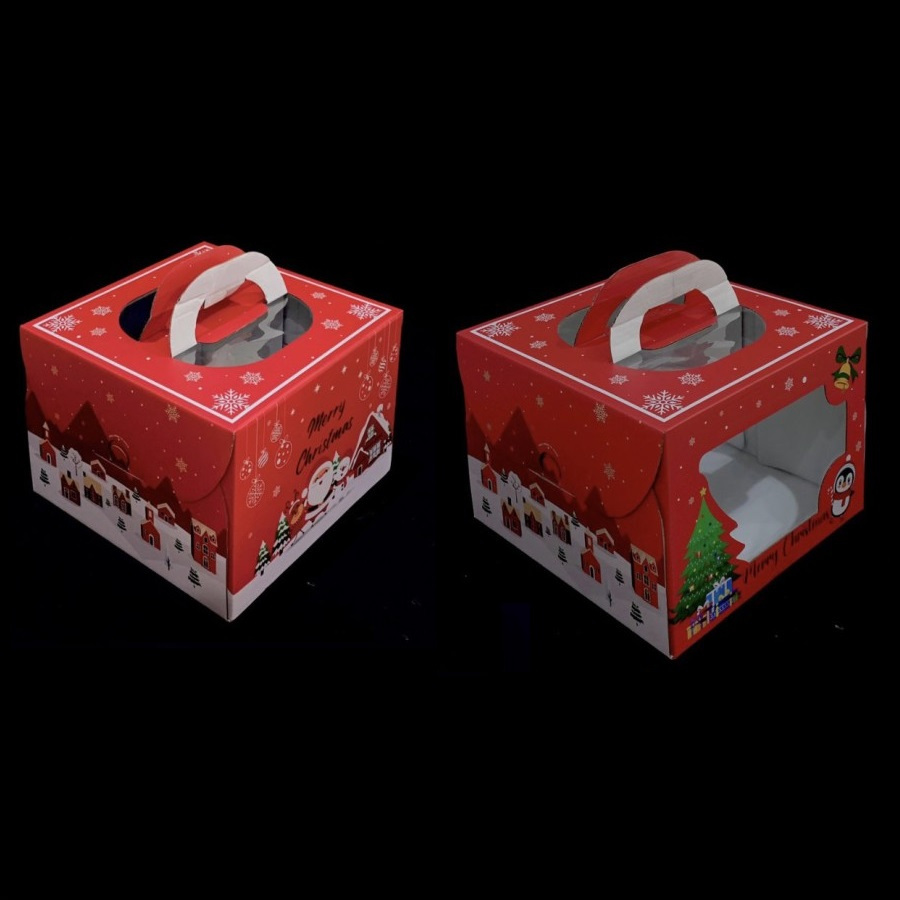 

( 3 pcs ) Cake Box Handle Natal Dus Tenteng Merah Kotak Christmas Hampers Kue Ukuran 22x22x16 cm