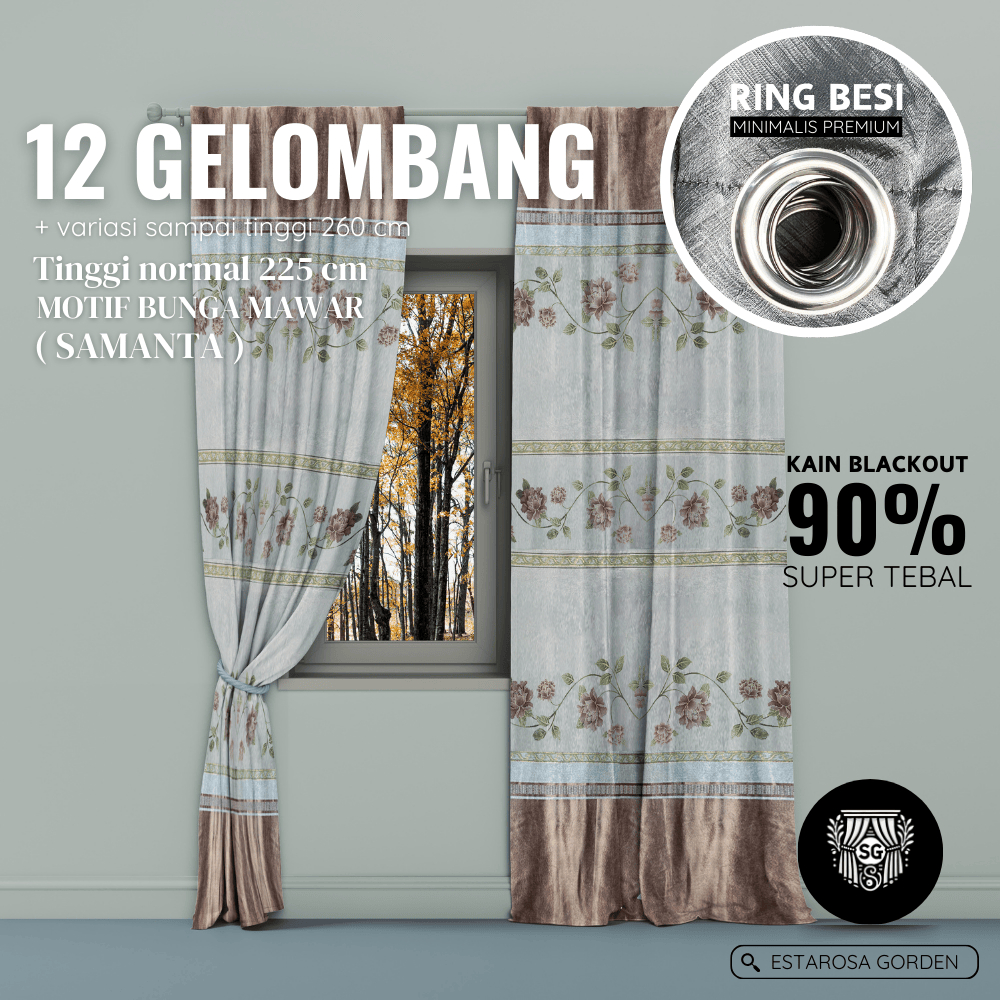 GORDEN BLACKOUT 12 GELOMBANG (SAMANTA) MOTIF BUNGA MAWAR BLACKOUT 90% GRADE A GORDEN BLACKOUT MINIMA