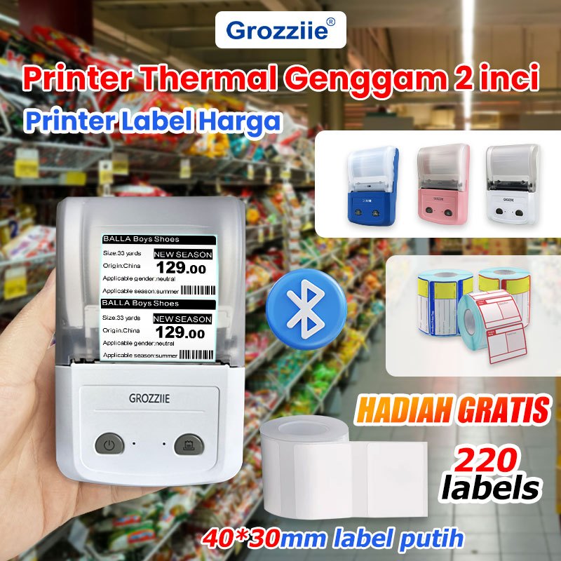

PRINTER THERMAL LABEL RESI BARCODE PORTABEL GENGGAM USB+BLUETOOTH 2 INCI