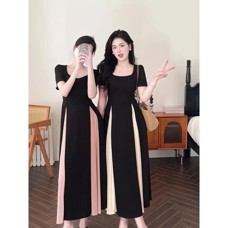 D35/1317 Dress elegant kombinasi A line square neck lengan pendek / gaun korean vintage dress