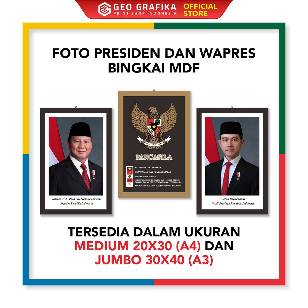 FOTO PRESIDEN DAN WAKIL PRESIDEN 2024-2029 + BINGKAI MDF UKURAN MEDIUM & JUMBO