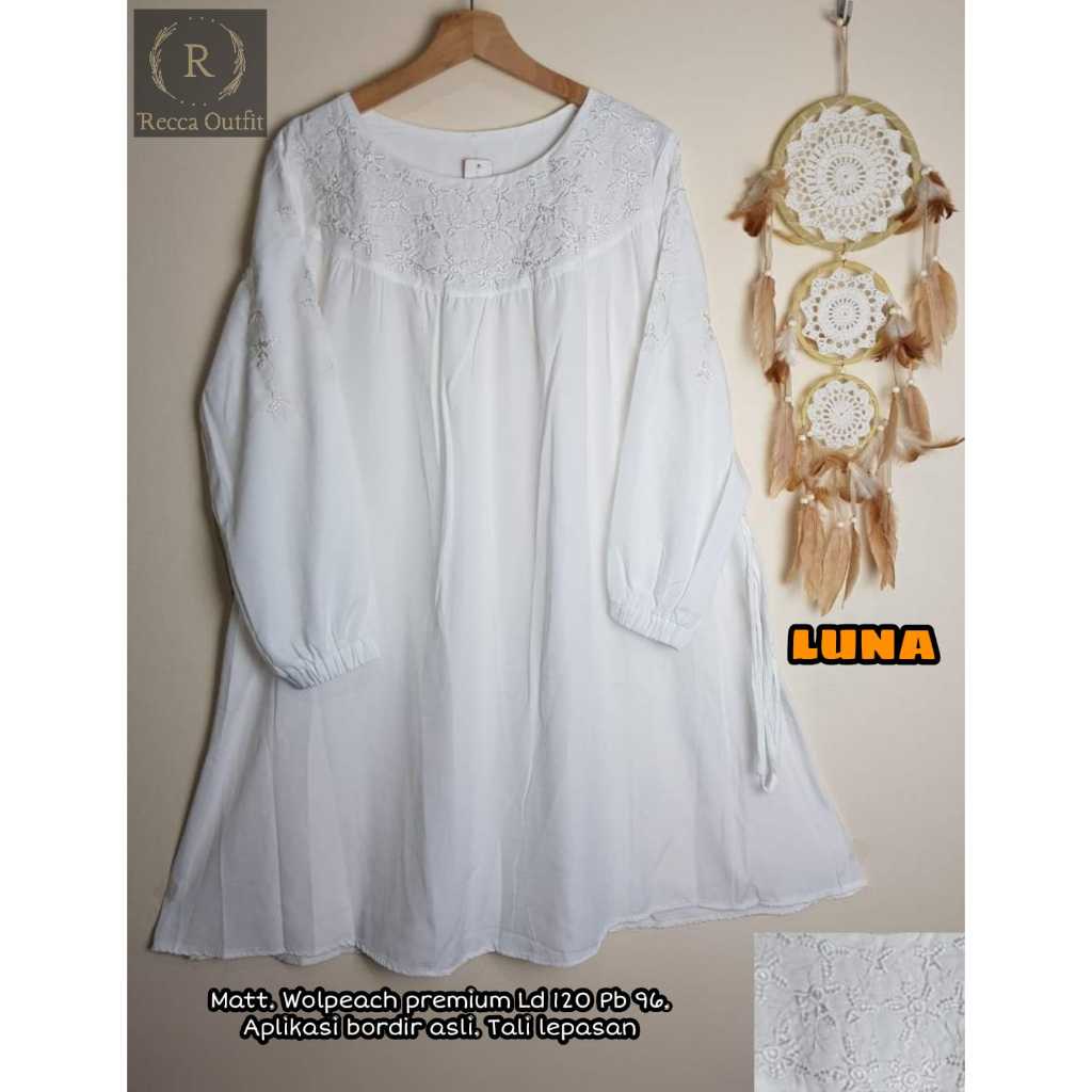 Baju Atasan Tunik Wanita Putih Bordir Bunga LD 120 Luna Jumbo Bigsize Bahan Wolpeach Recca
