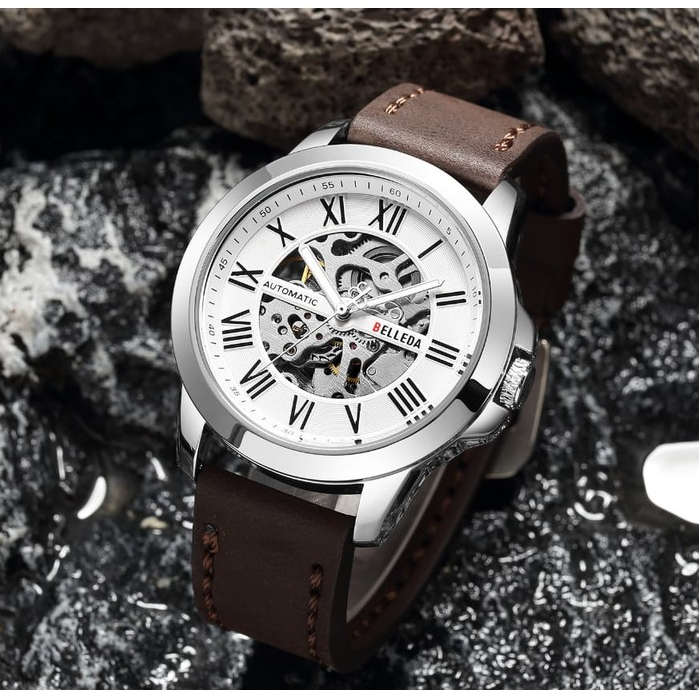 Jam Tangan Pria Belleda 9244 Tali Kulit Mesin Mekanik Automatic Tanpa Baterai Anti Air 30 Meter