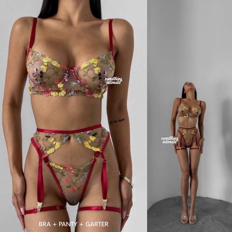 ONE SET SHERA SLOAN Floral Embroidered Lace Bra Lingerie Cup Set Bustier Bodice Long Torso Bodysuit 